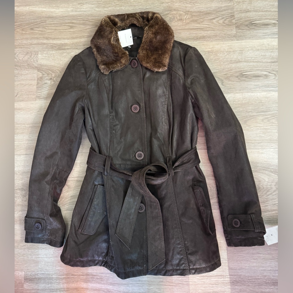 Women's Brown Fur-Collar Belted Coat